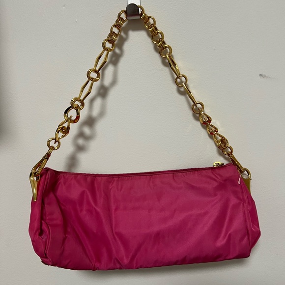 Brand New Authentic Prada Clutch Purse In Bright Pink-Medium Size-Gold Strap - Picture 2 of 5